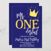 Invitation Navy Blue M. Onederful Birthday Party (Devant / Derrière)