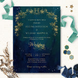 Invitation Navy Blue Mid Summer Night Dream Celestial Wedding<br><div class="desc">Delight your guests with this elegant and unique starry celestial wedding invitation with gorgeous blue, navy, green and teal celestial background with dainty stars and delicate faux gilded botanical garlands in golden hues. Ability to change and customize all text sections to suit your needs. Easy to fill in template. Magical...</div>