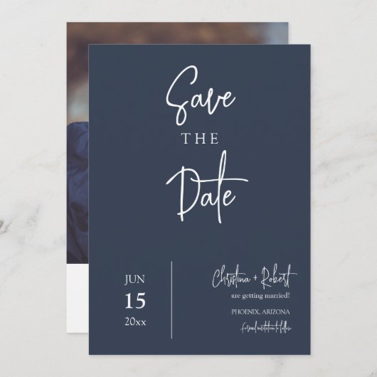 Invitation Navy Blue Modern Minimal Boho Enregistrer la date  (Devant / Derrière)