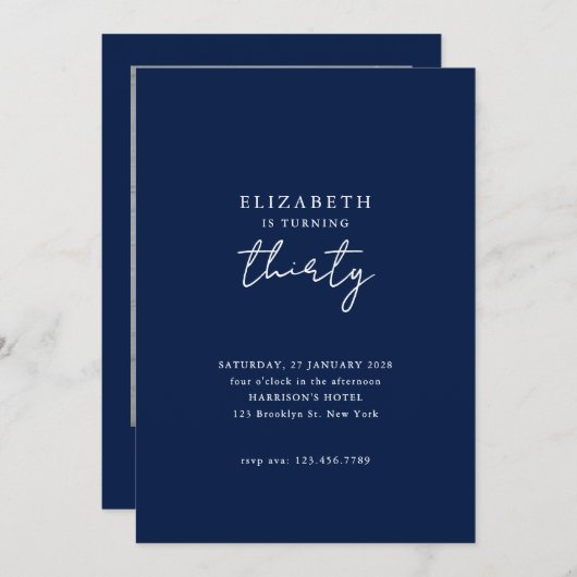Invitation Navy Blue Modern Thirty Photo Birthday Party (Devant / Derrière)