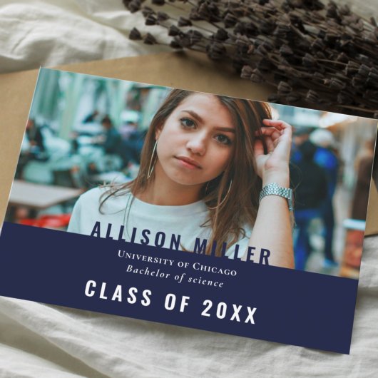 Invitation Navy Blue Modern Typographie Photo Graduation Part
