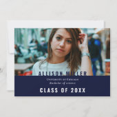 Invitation Navy Blue Modern Typographie Photo Graduation Part (Devant)