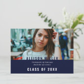 Invitation Navy Blue Modern Typographie Photo Graduation Part (Debout devant)