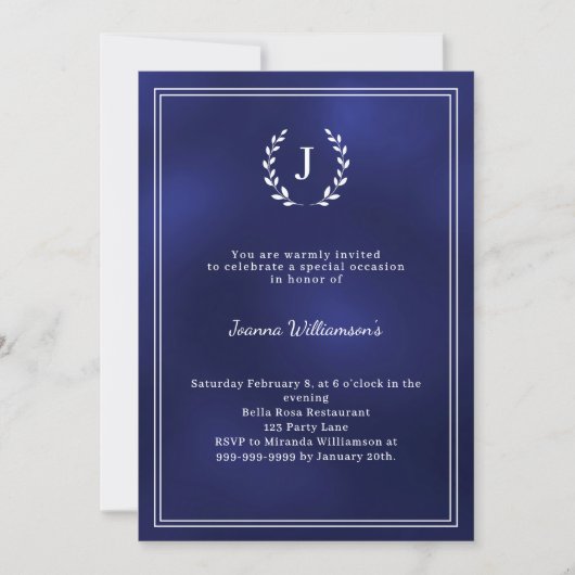 Invitation Navy blue monogram wreath milestone age-neutral (Devant)