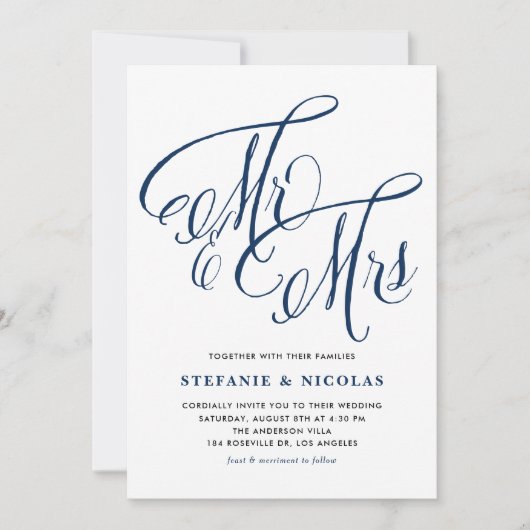 Invitation Navy Blue Mrs & Mrs Rustic Script QR Code Mariage (Devant)