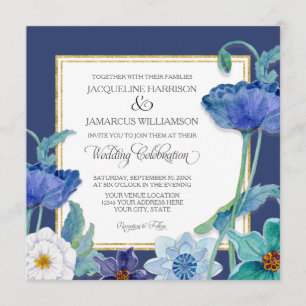 Invitation Navy Blue n White Aquarelle Poppy Art Déco Floral