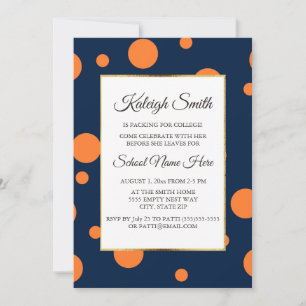 Invitation Navy Blue Orange Polka Dot College Trunk Party