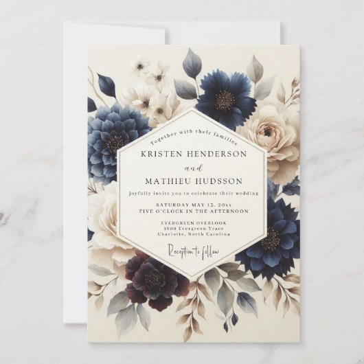 Invitation Navy Blue Painterly Bloom Wedding (Devant)