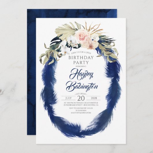 Invitation Navy Blue Pampas Herbe Tropical Anniversaire (Devant / Derrière)