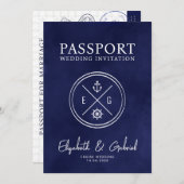 Invitation Navy Blue Passport Destination Wedding Cruise (Devant / Derrière)