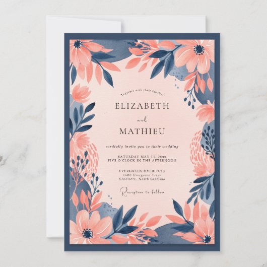 Invitation Navy Blue Peach Bold Floral Wedding (Devant)