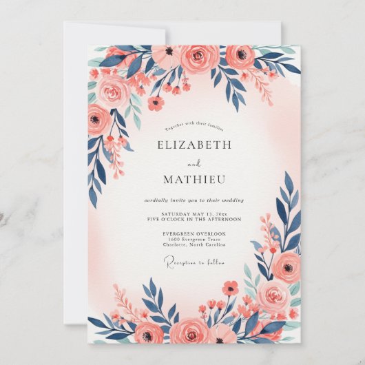 Invitation Navy Blue Peach Ethereal Spring Wedding (Devant)