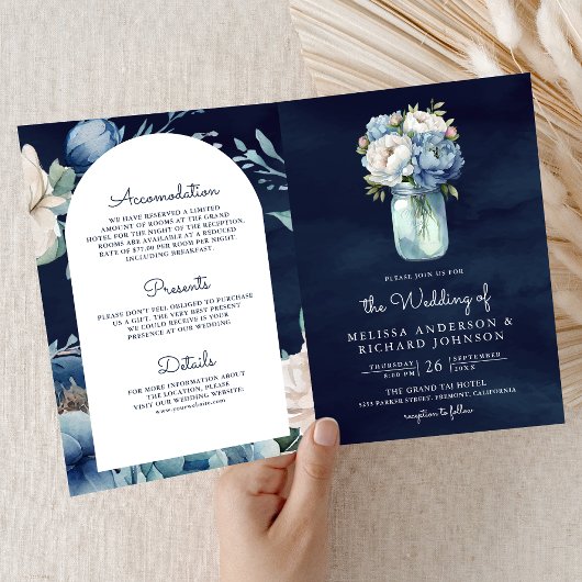 Invitation Navy Blue Peony Mason Jar QR Code Wedding