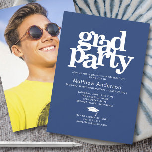 Invitation Navy Blue Photo Grad Party Bold Typographie minima