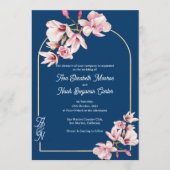 Invitation Navy Blue Pink Magnolia Elegant Floral Wedding (Devant)