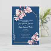 Invitation Navy Blue Pink Magnolia Elegant Floral Wedding (Debout devant)