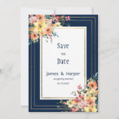 Invitation Navy blue pink orange gold floral Save the Date (Devant)