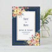 Invitation Navy blue pink orange gold floral Save the Date (Debout devant)