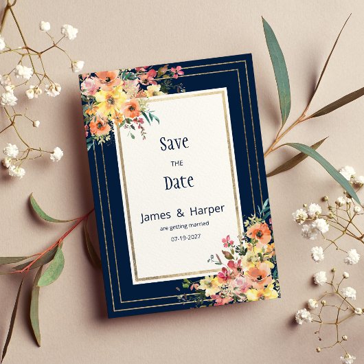 Invitation Navy blue pink orange gold floral Save the Date