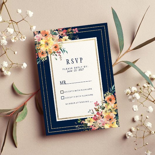 Invitation Navy blue pink orange gold floral spring RSVP