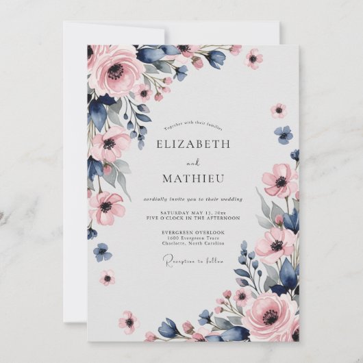 Invitation Navy Blue Pink Sophisticated Spring Wedding (Devant)