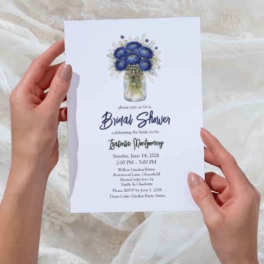 Invitation Navy Blue Ranunculus Mason Jar Bridal Shower