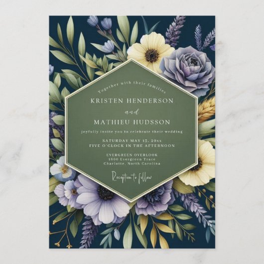 Invitation Navy Blue Regal Botanical Wedding (Devant)