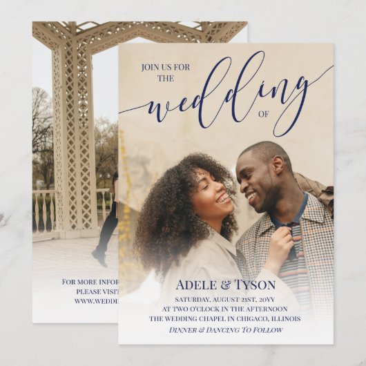Invitation Navy Blue Rejoignez-nous Photo Mariage à double fa (Devant / Derrière)