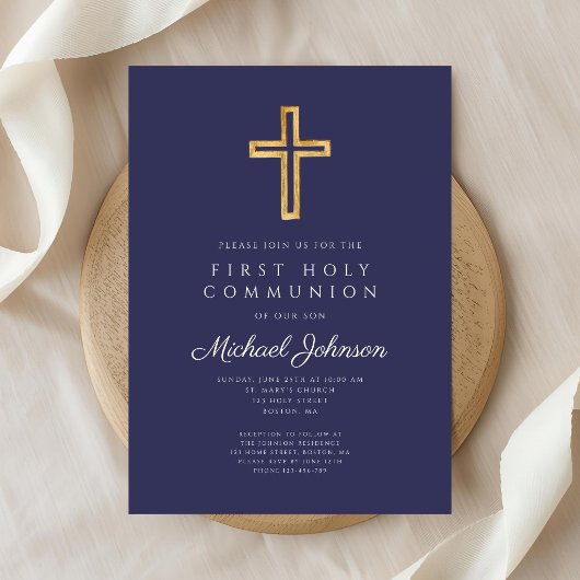 Invitation Navy Blue Religious Cross Boy First Communion