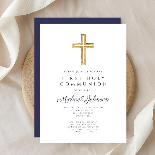 Invitation Navy Blue Religious Cross Boy First Communion