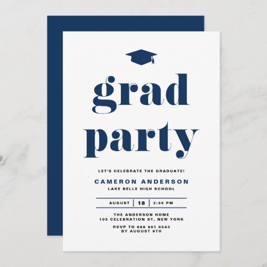 Invitation Navy Blue Retro Bold Typographie Parti de graduati (Devant / Derrière)