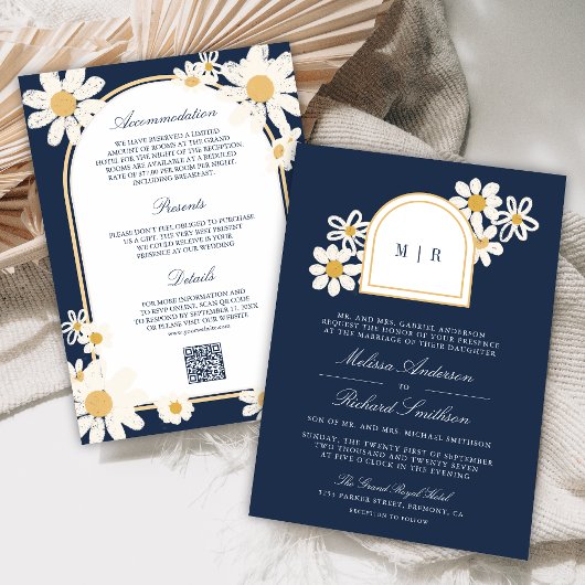 Invitation Navy Blue Retro Yellow Daisy All in One Wedding