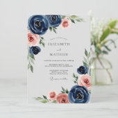 Invitation Navy Blue Romantic Peony Wedding (Debout devant)