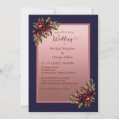 Invitation Navy Blue Rose Gold Script Burgundy floral wedding (Devant)