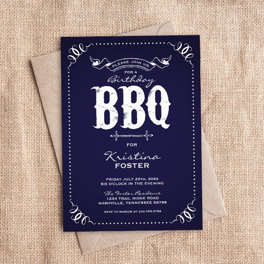 Invitation Navy Blue Rustic Anniversaire de fête BBQ