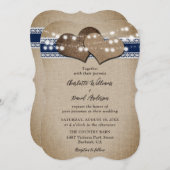 Invitation Navy Blue Rustic Country Burlap Lace Mariage (Devant / Derrière)