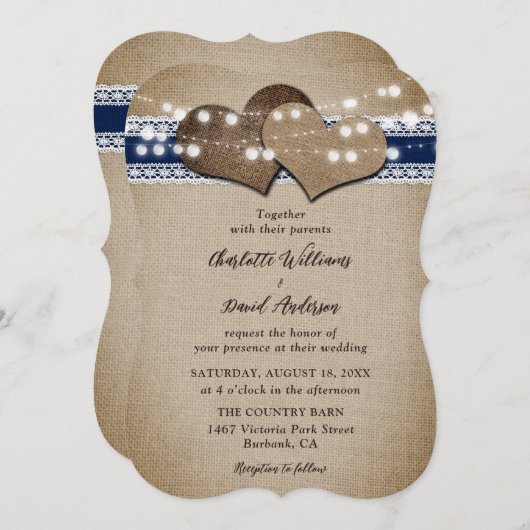 Invitation Navy Blue Rustic Country Burlap Lace Mariage (Devant / Derrière)