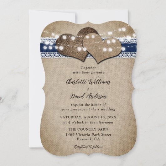 Invitation Navy Blue Rustic Country Burlap Lace Mariage (Devant)