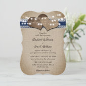 Invitation Navy Blue Rustic Country Burlap Lace Mariage (Debout devant)