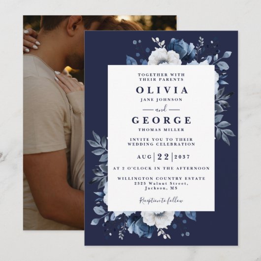 Invitation Navy Blue Rustic Elegant Floral Photo Mariage (Devant / Derrière)