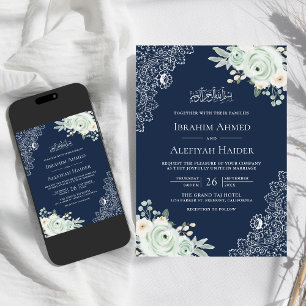 Invitation Navy Blue Sage Vert Floral Lace Musulman Mariage