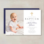 Invitation Navy Blue Script Cross Boy Photo Baptême