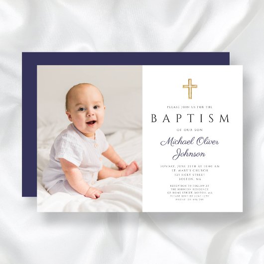 Invitation Navy Blue Script Cross Boy Photo Baptême