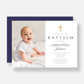 Invitation Navy Blue Script Cross Boy Photo Baptême