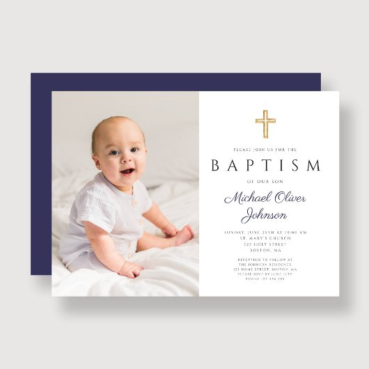 Invitation Navy Blue Script Cross Boy Photo Baptême