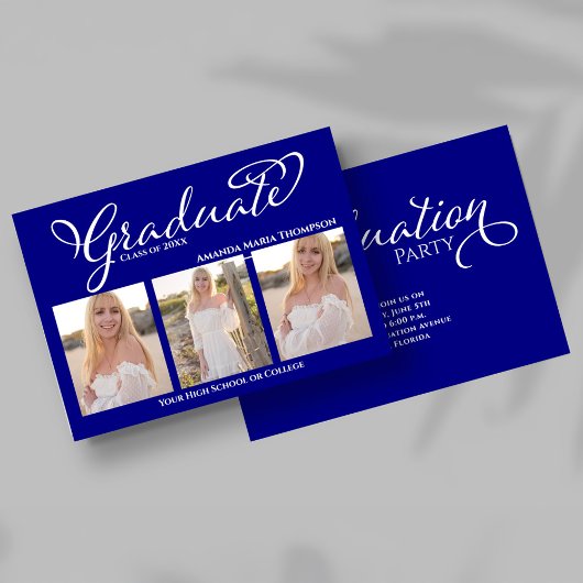 Invitation Navy Blue Script Photo Collage Graduation Card