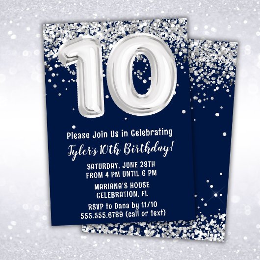 Invitation Navy Blue Silver 10e fête d'anniversaire