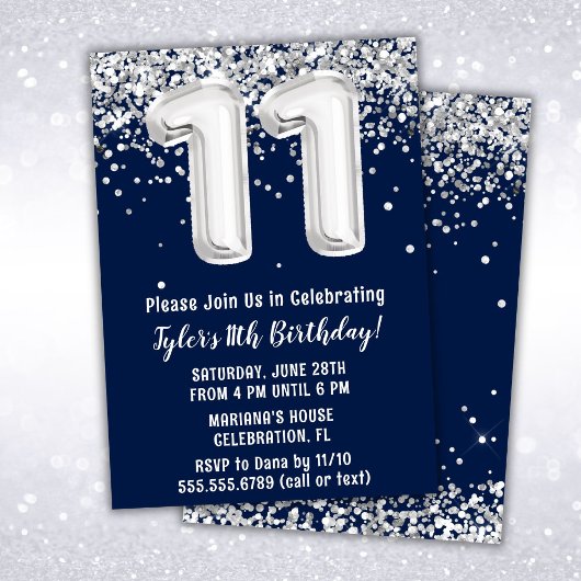 Invitation Navy Blue Silver 11e fête d'anniversaire