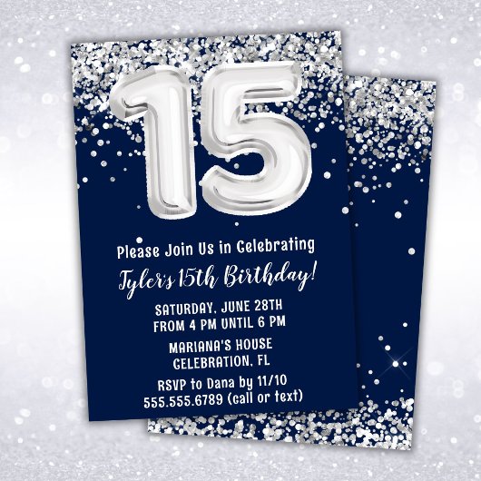 Invitation Navy Blue Silver 15e fête d'anniversaire