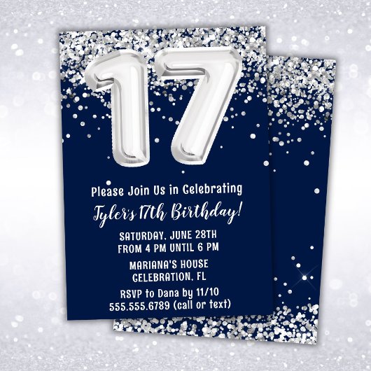 Invitation Navy Blue Silver 17e fête d'anniversaire